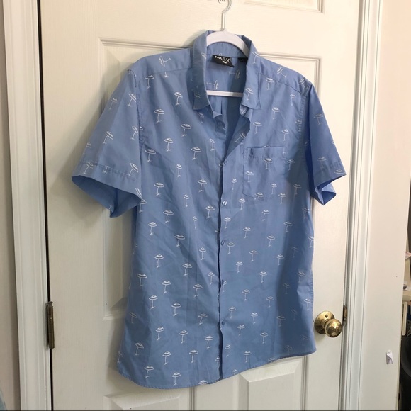AHOY Surf Co Men's Large Woven Blue Shirt with Beach Umbrella print - Picture 2 of 6